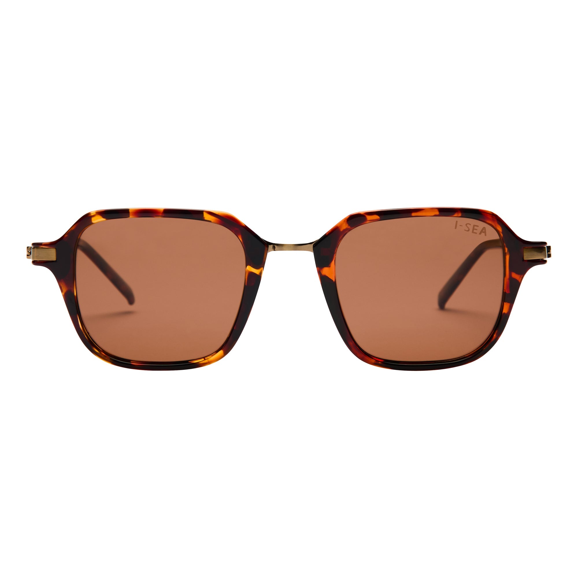 Sunglasses with tortoiseshell frame and brown lenses on a white background. Color:
TORT / BROWN POLARIZED LENS