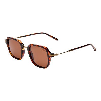 Sunglasses with tortoiseshell frame and brown lenses on a white background. Color:
TORT / BROWN POLARIZED LENS