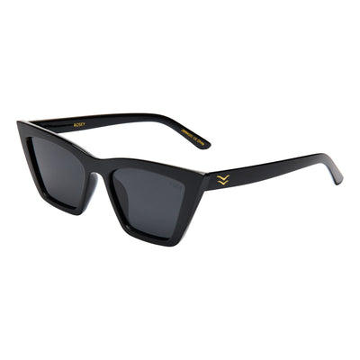 Black sunglasses with gold accents on a white background.
BLACK / SMOKE POLARIZED LENS