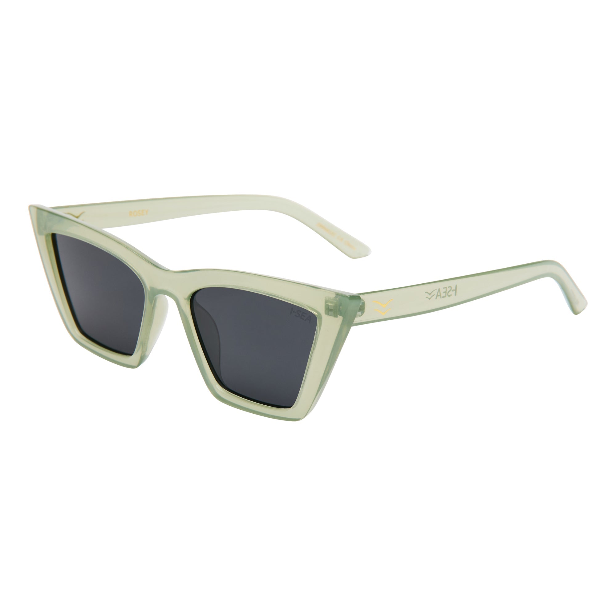 Sunglasses with gold frame and red-tinted lenses on a white background.
CACTUS / SMOKE POLARIZED LENS