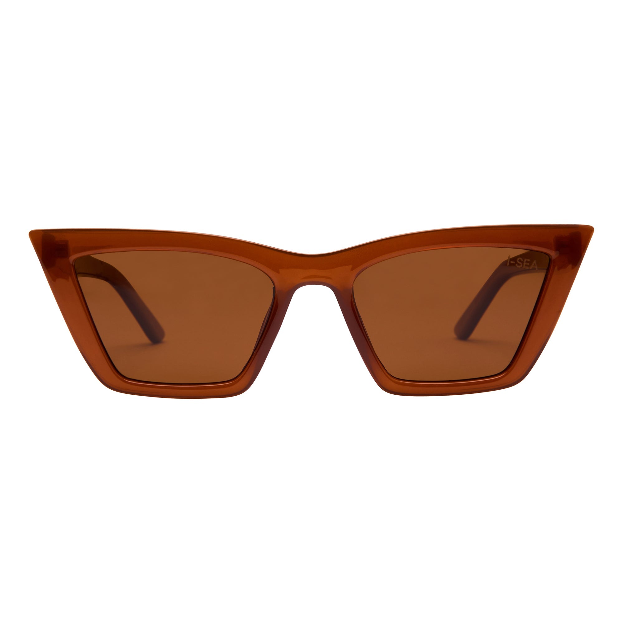 Brown sunglasses with a cat-eye design on a white background.
COFFEE / BROWN POLARIZED LENS