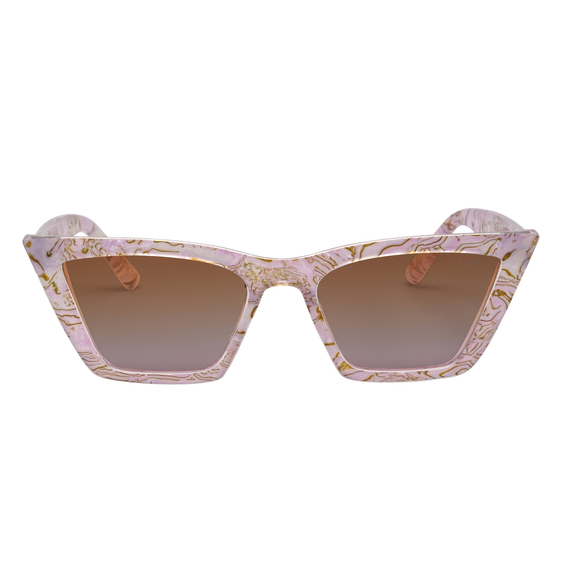 Sunglasses with floral patterned frame on a white background.
PINK SWIRL / BROWN POLARIZED LENS