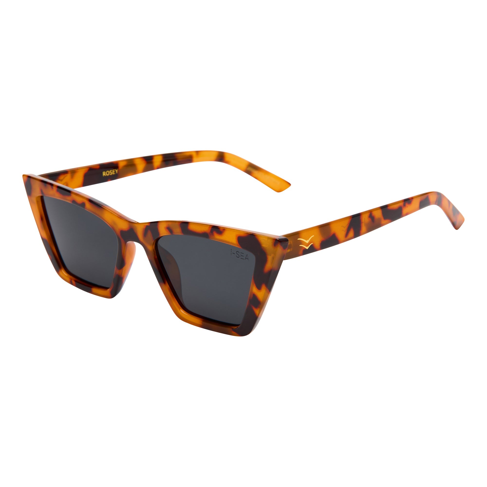 Sunglasses with tortoiseshell frame and dark lenses on a white background.
TORT / SMOKE POLARIZED LENS