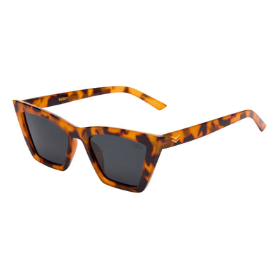Sunglasses with tortoiseshell frame and dark lenses on a white background.
TORT / SMOKE POLARIZED LENS