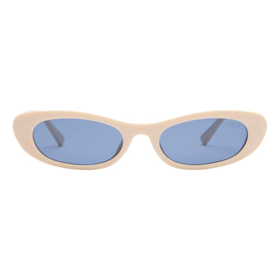 Beige sunglasses with blue lenses on a white background.
CREAM / NAVY POLARIZED LENS