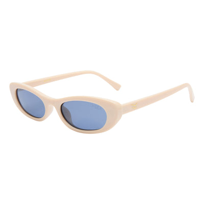 Beige sunglasses with blue lenses on a white background.
CREAM / NAVY POLARIZED LENS