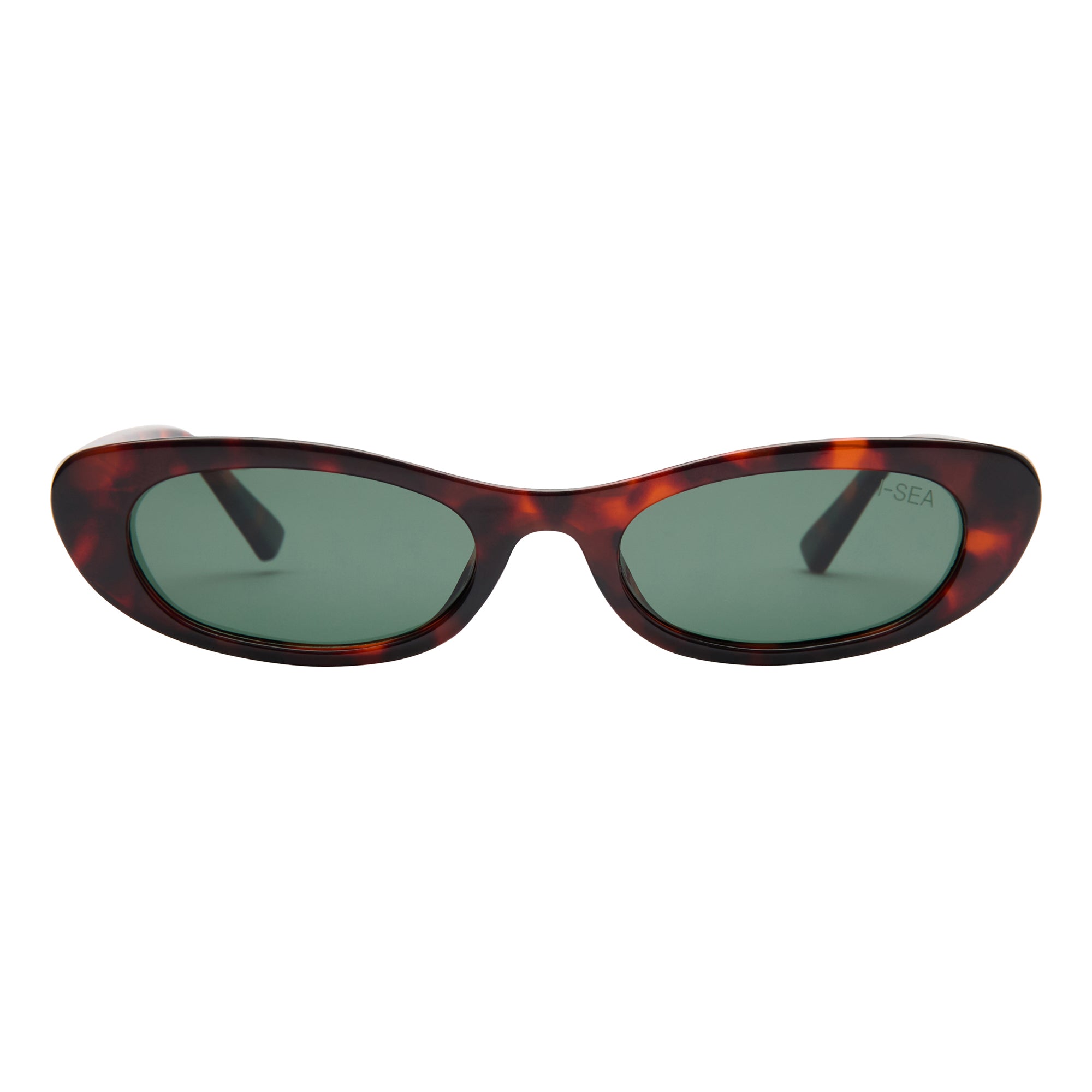 Sunglasses with tortoiseshell frame and green lenses on a white background.
TORT / GREEN POLARIZED LENS