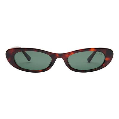 Sunglasses with tortoiseshell frame and green lenses on a white background.
TORT / GREEN POLARIZED LENS
