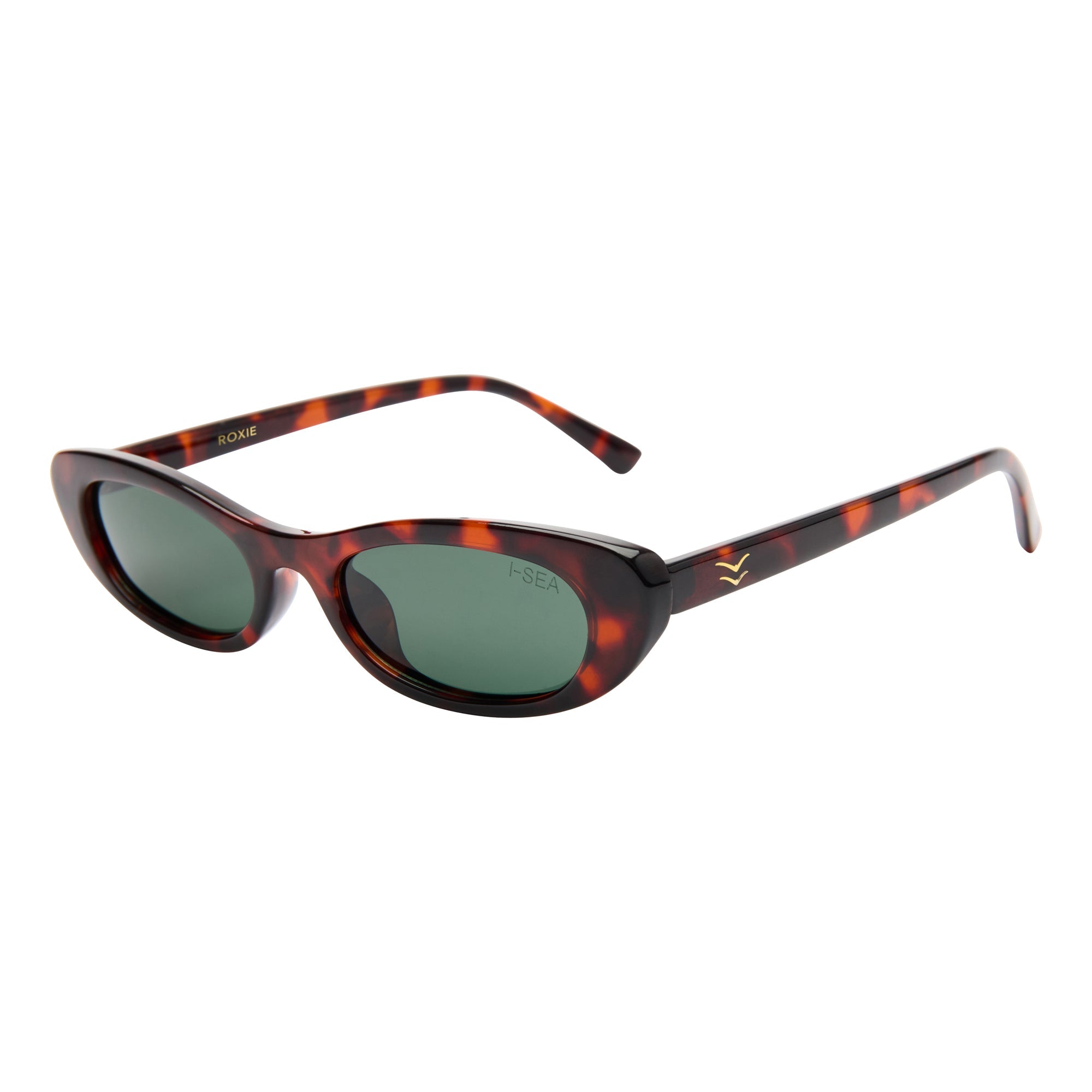 Sunglasses with tortoiseshell frame and green lenses on a white background.
TORT / GREEN POLARIZED LENS