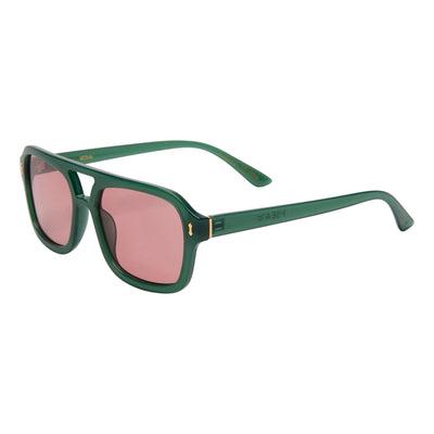 Green sunglasses with pink lenses on a white background.
KALE / TANGERINE LENS