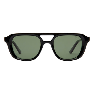 Black sunglasses with green lenses on a white background.
INK / GREEN POLARIZED LENS
