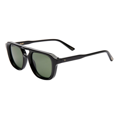 Black sunglasses with green lenses on a white background.
INK / GREEN POLARIZED LENS