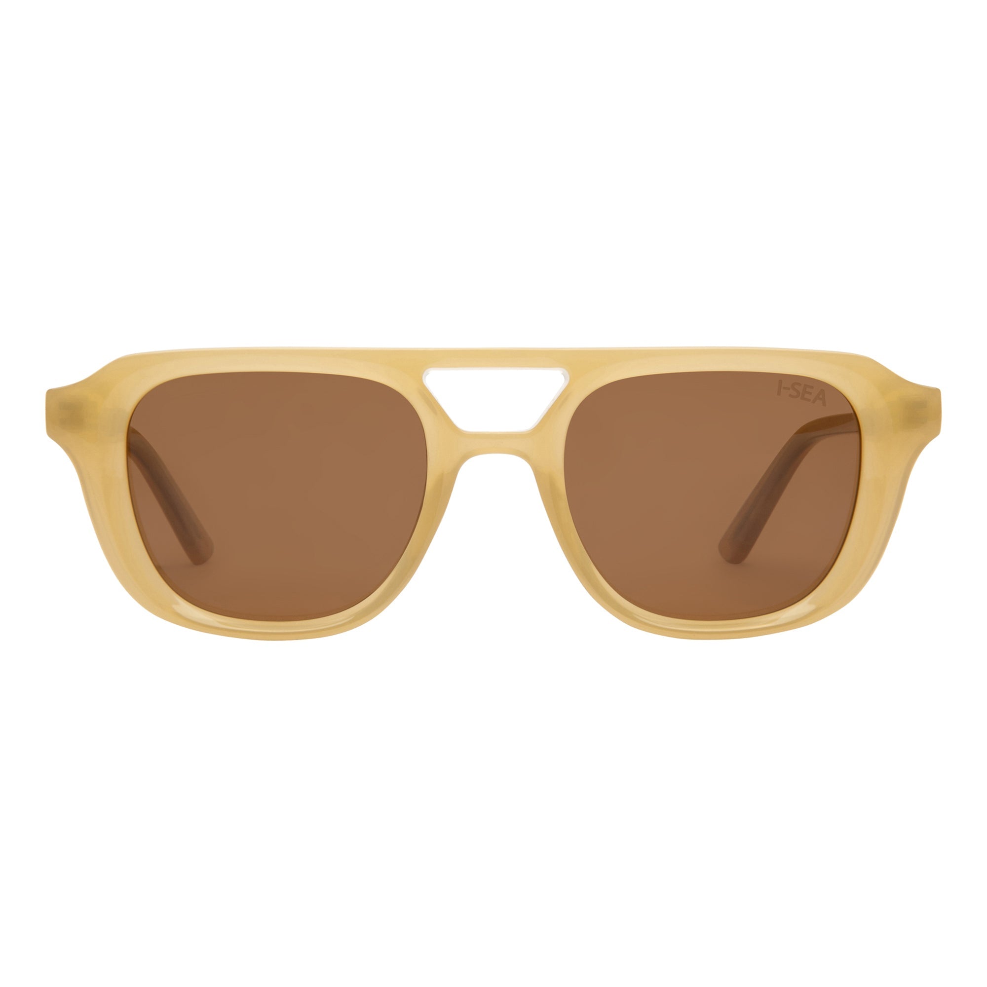 Beige sunglasses with brown lenses on a white background.
LEMON / BROWN POLARIZED LENS