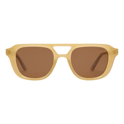 Beige sunglasses with brown lenses on a white background.
LEMON / BROWN POLARIZED LENS