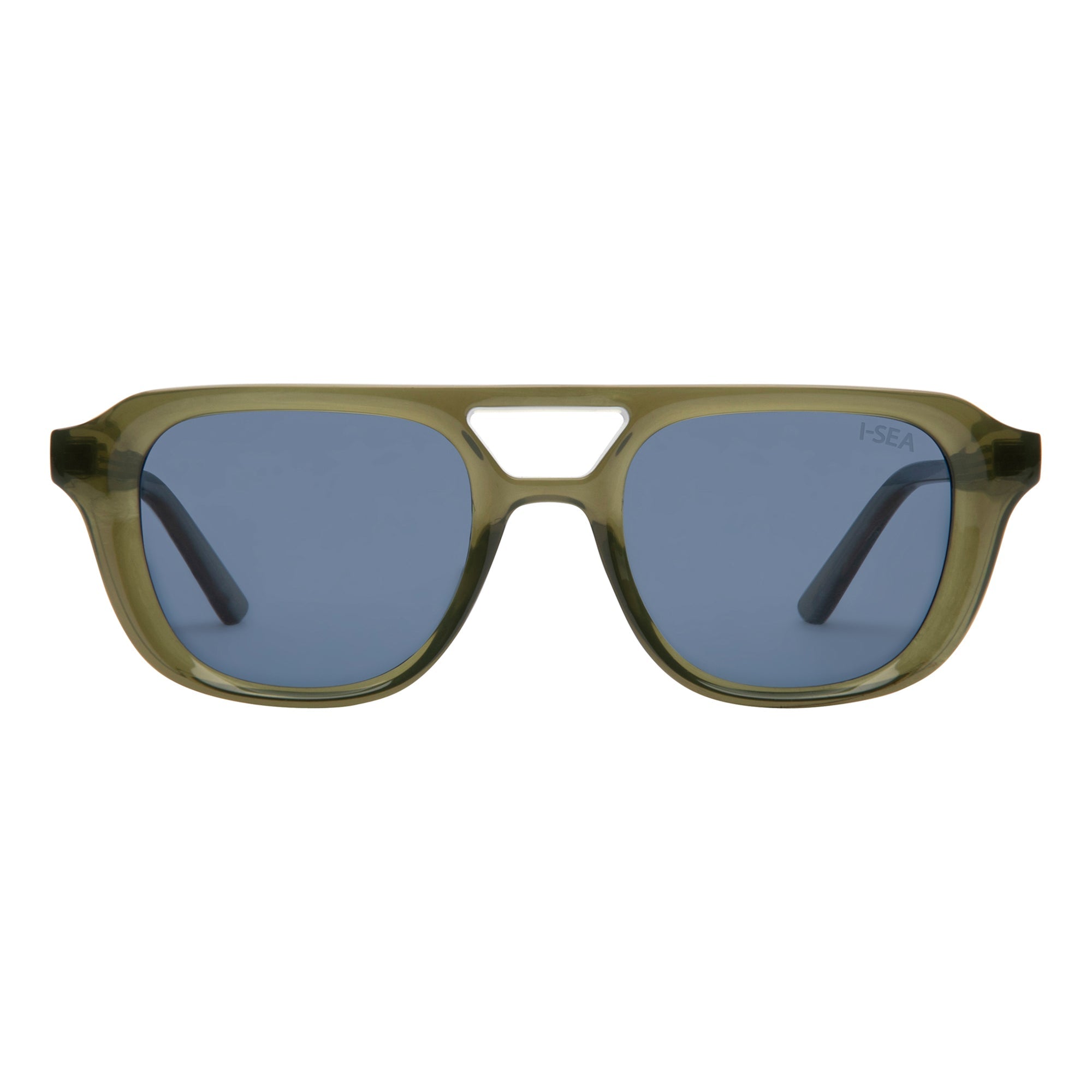Sunglasses with green frame and blue lenses on a white background.
OLIVE / NAVY POLARIZED LENS