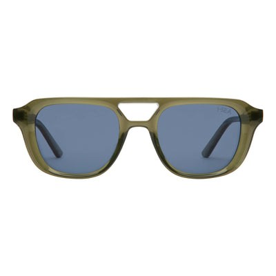 Sunglasses with green frame and blue lenses on a white background.
OLIVE / NAVY POLARIZED LENS