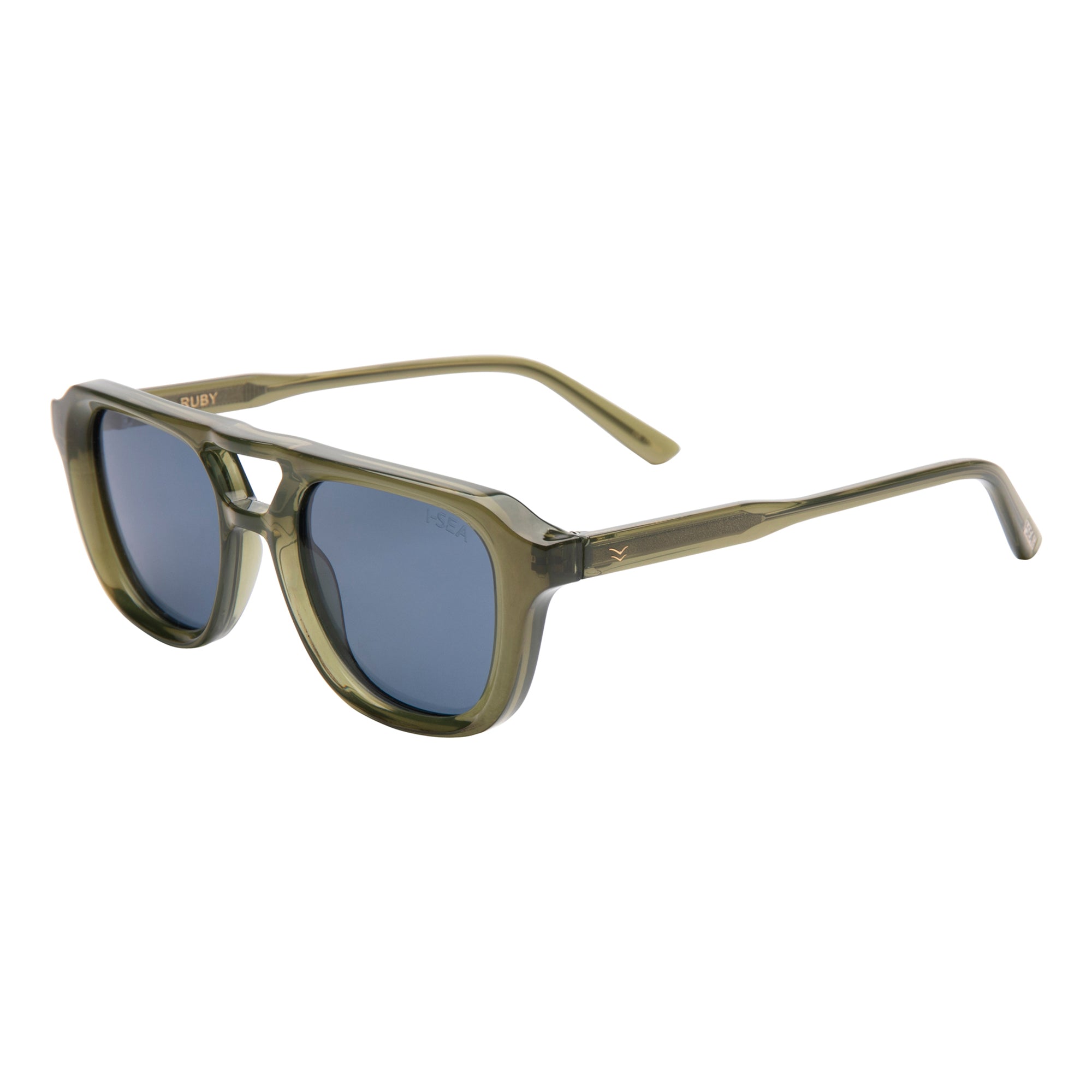 Black sunglasses with a brand name on a white background.
OLIVE / NAVY POLARIZED LENS