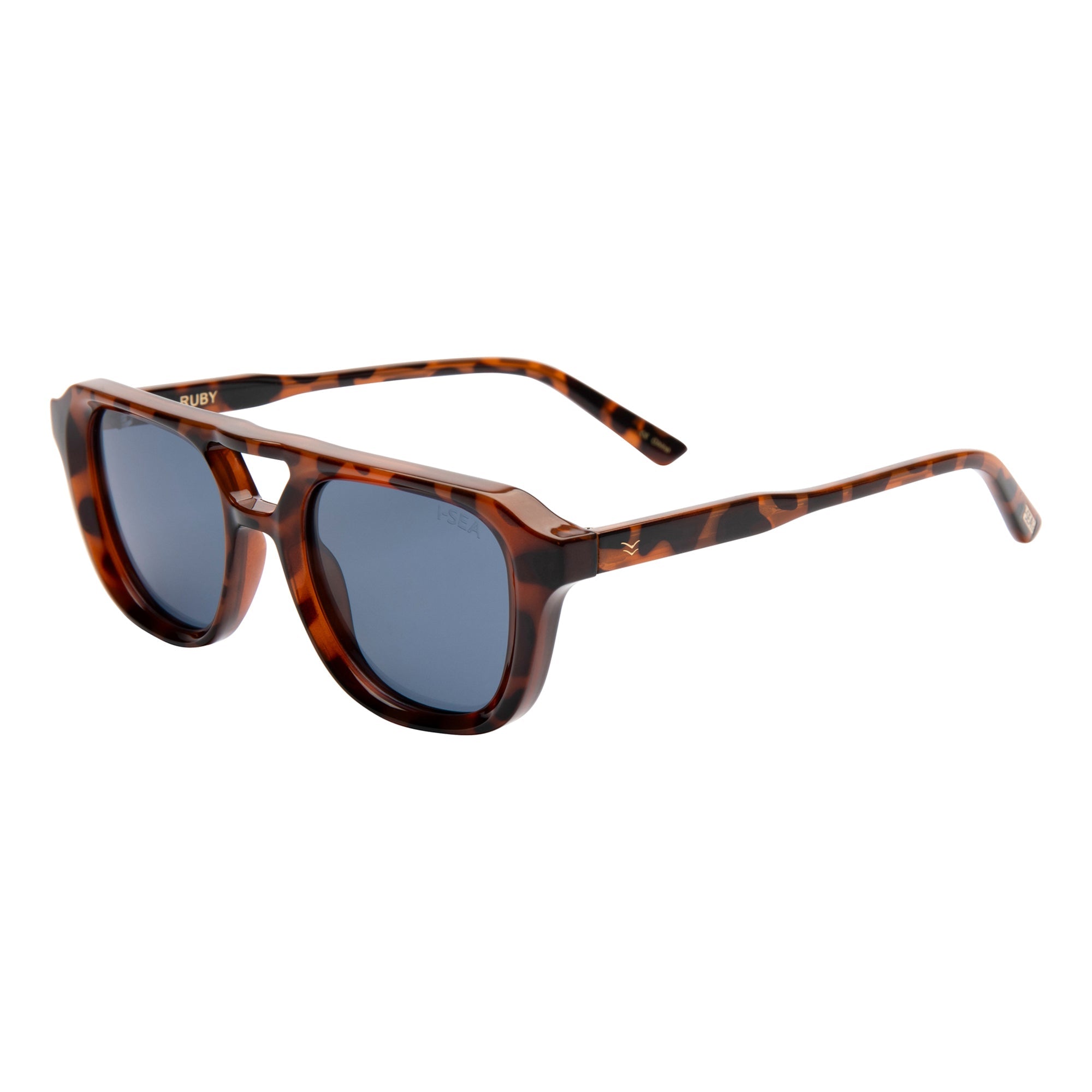 Sunglasses with tortoiseshell frame and dark lenses on a white background.
TORT / NAVY POLARIZED LENS