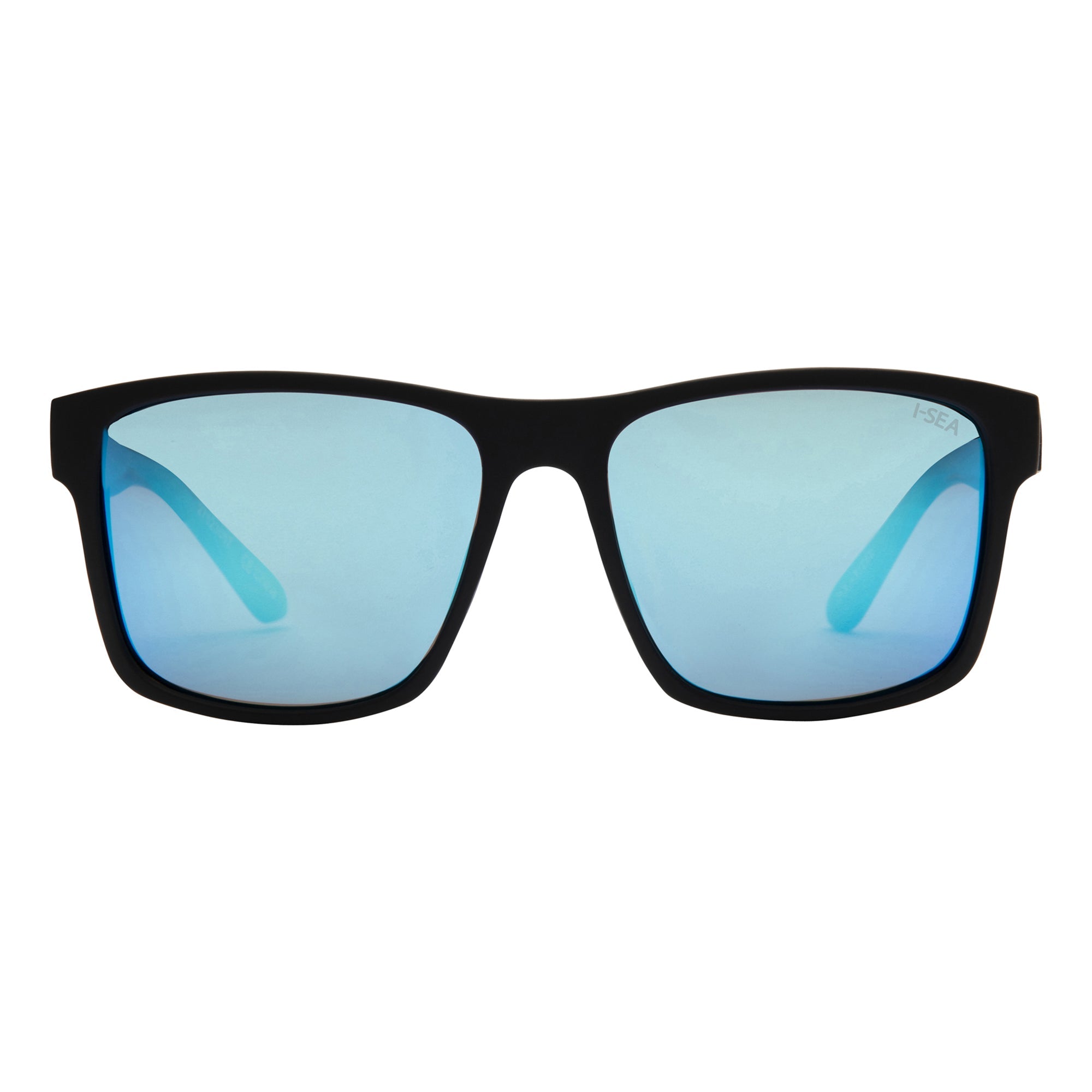 Sunglasses with black frame and blue-tinted lenses on a white background.
BLACK / T-BLUE POLARIZED LENS