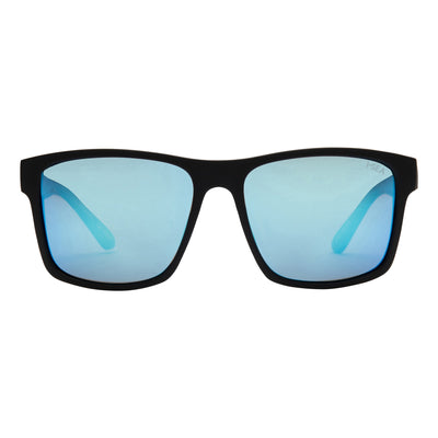 Sunglasses with black frame and blue-tinted lenses on a white background.
BLACK / T-BLUE POLARIZED LENS