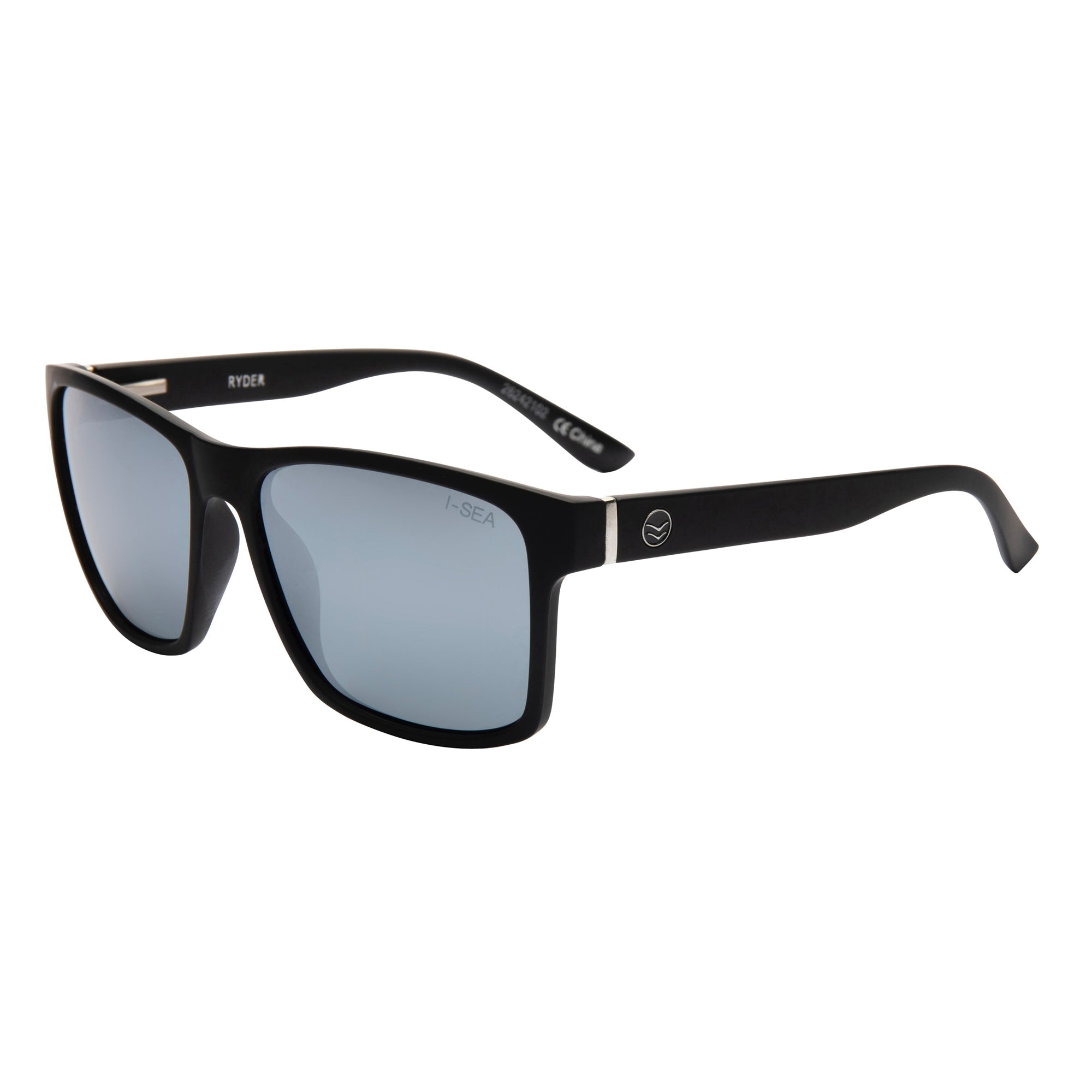 Black sunglasses with a logo on a white background.
BLACK / SILVER BLUE POLARIZED LENS