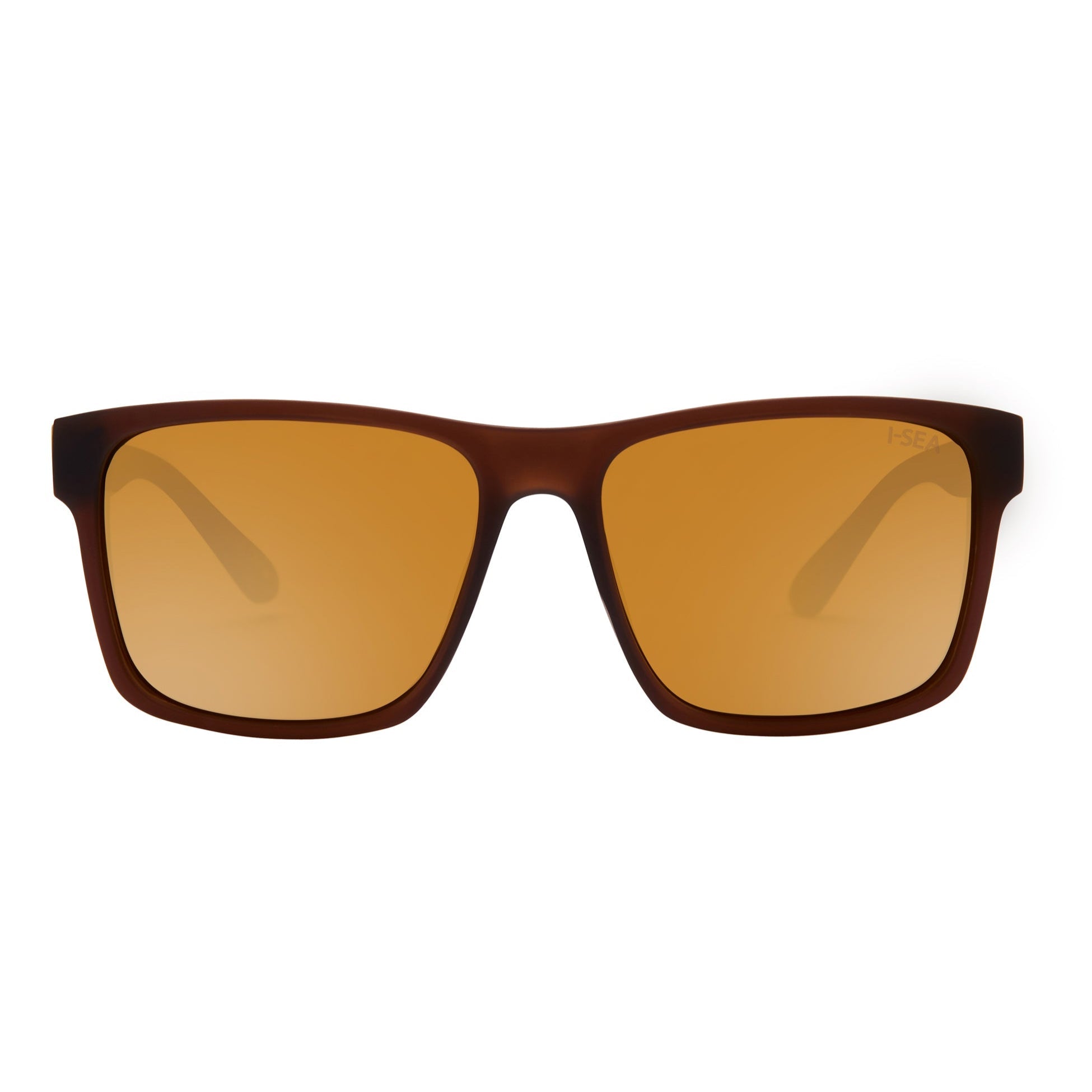 Sunglasses with brown frame and gold-tinted lenses on a white background.
COLA / COPPER MIRROR POLARIZED LENS
