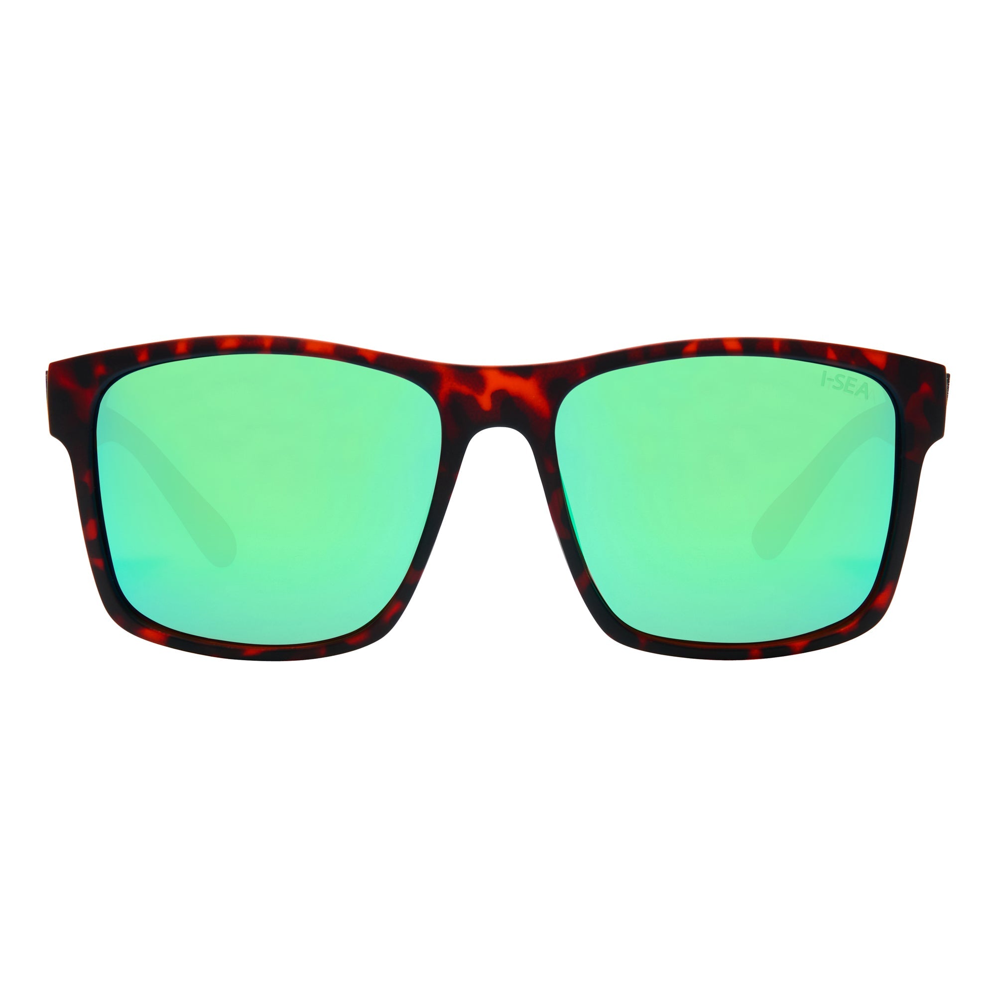 Sunglasses with a tortoiseshell frame and green lenses on a white background.
TORT / GREEN MIRROR POLARIZED LENS