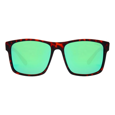 Sunglasses with a tortoiseshell frame and green lenses on a white background.
TORT / GREEN MIRROR POLARIZED LENS