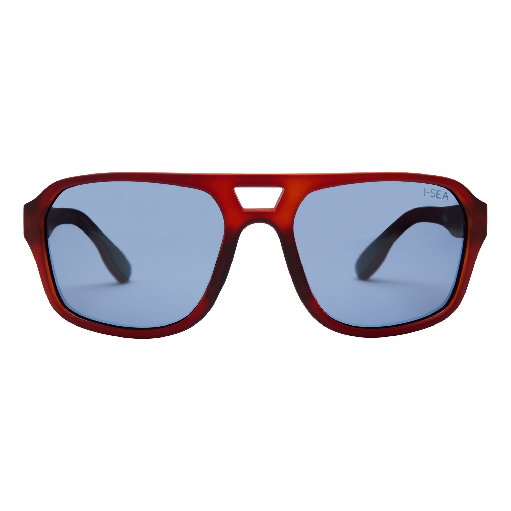 Red sunglasses with blue lenses on a white background.
COLA / NAVY POLARIZED LENS
