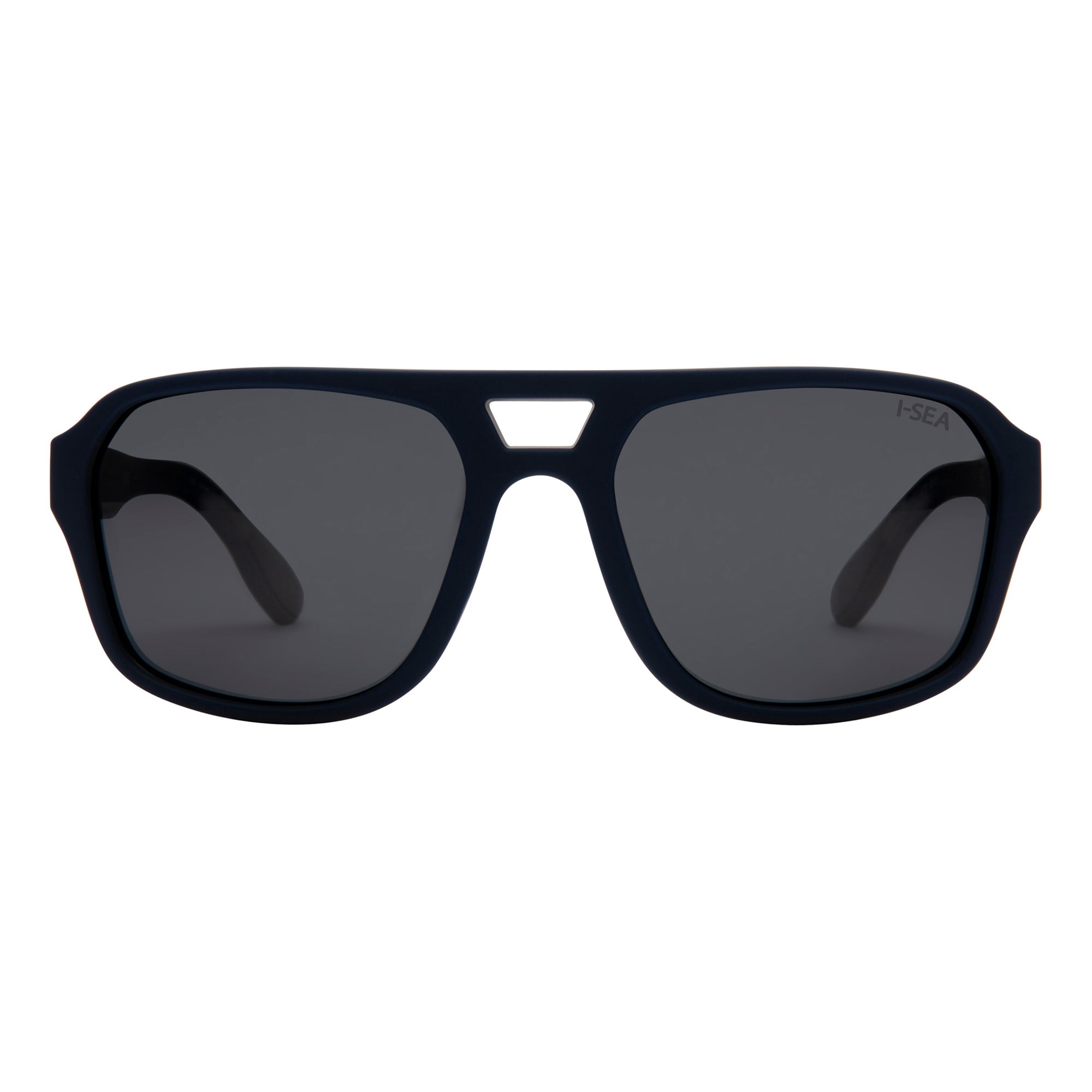 Black sunglasses with gold accents on a white background.
SEA / SMOKE POLARIZED LENS