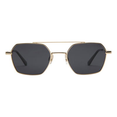 Gold-framed sunglasses with dark lenses on a white background.
GOLD / ONYX POLARIZED LENS