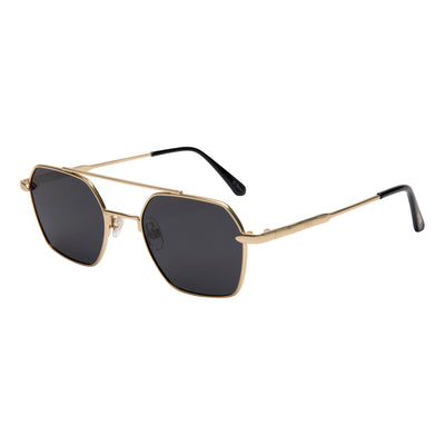 Sunglasses with gold frame and brown lenses on a white background.
GOLD / ONYX POLARIZED LENS