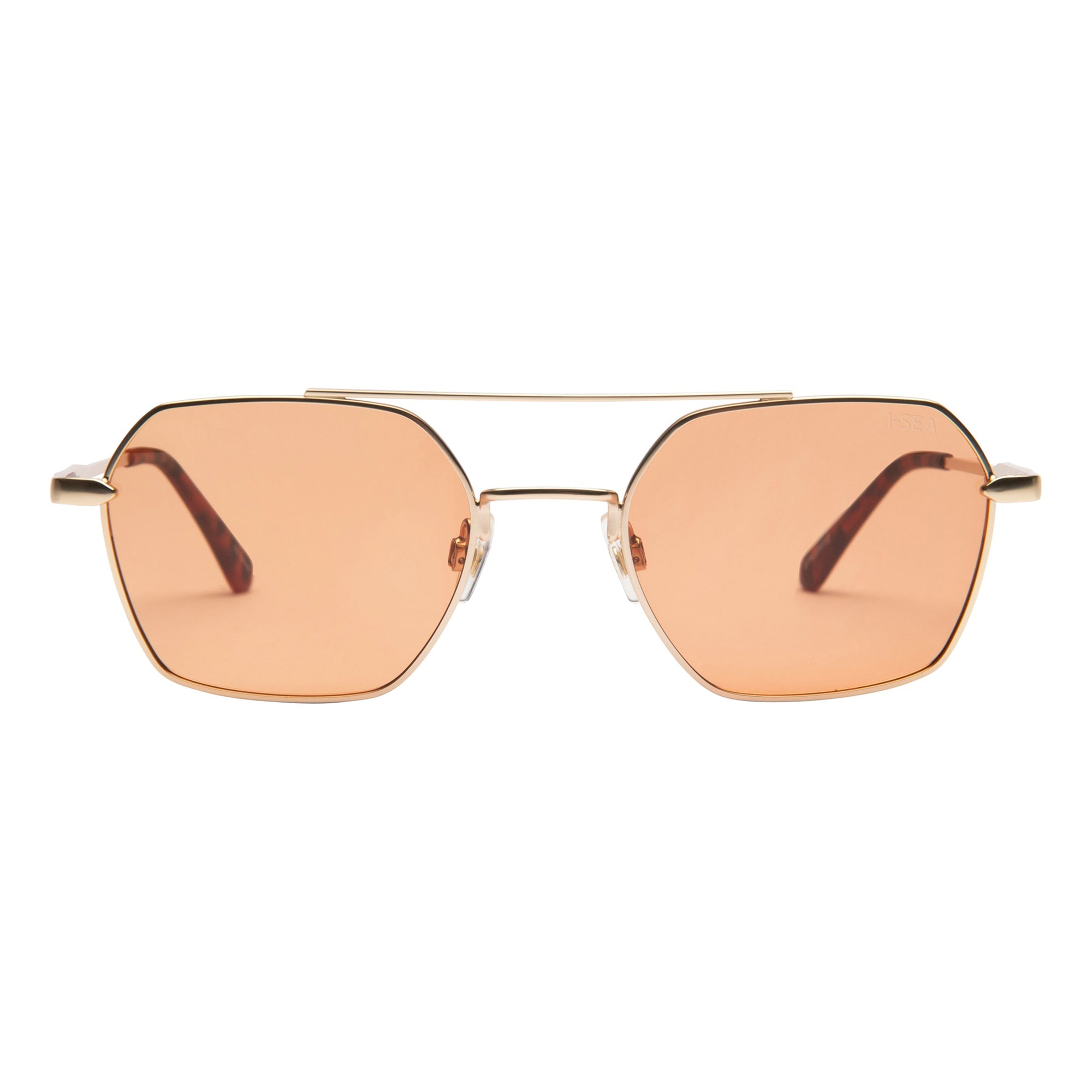Sunglasses with gold frame and rose gold lenses on a white background.
GOLD / TANGERINE LENS
