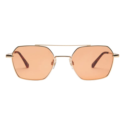 Sunglasses with gold frame and rose gold lenses on a white background.
GOLD / TANGERINE LENS