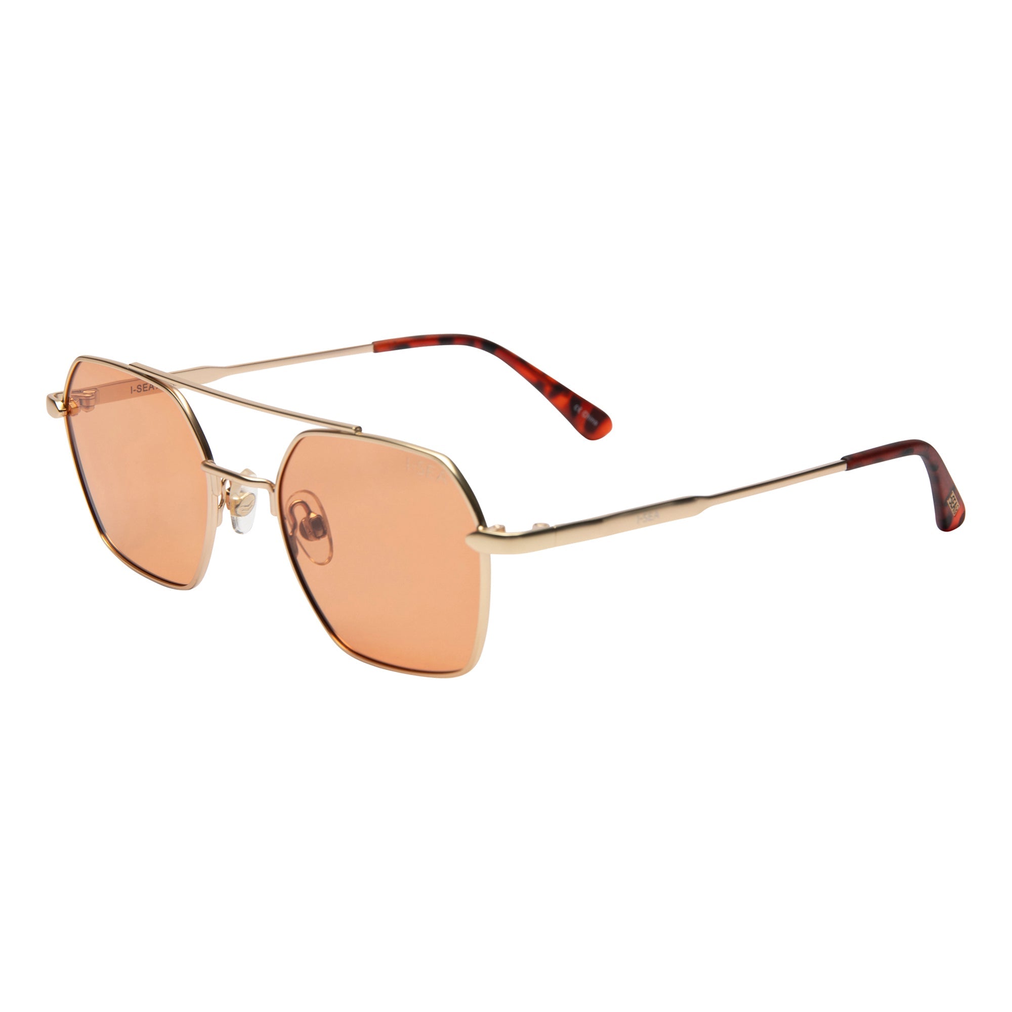 Sunglasses with gold frame and orange-tinted lenses on a white background.
GOLD / TANGERINE LENS