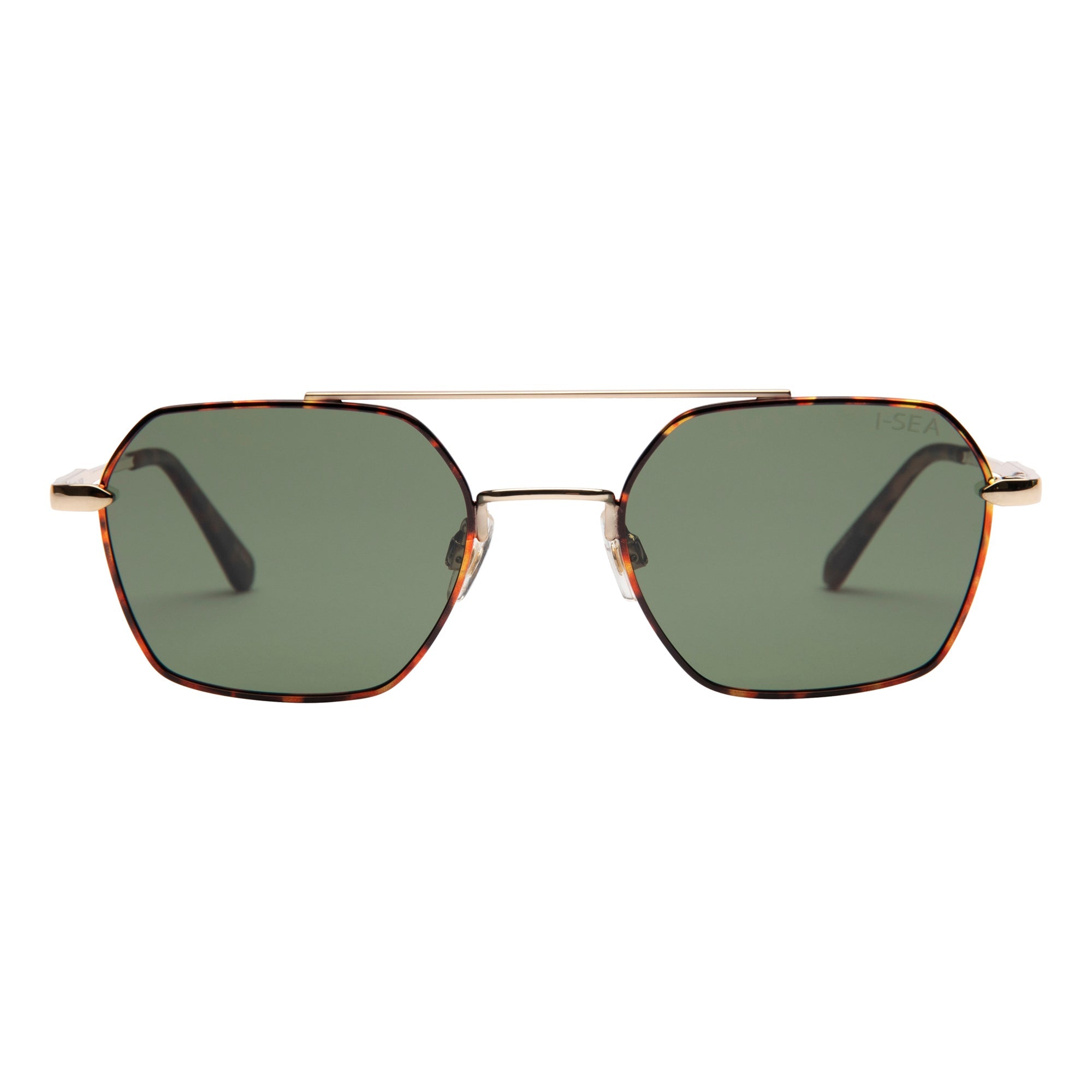 Sunglasses with gold frame and green lenses on a white background.
TORT / OLIVE POLARIZED LENS
