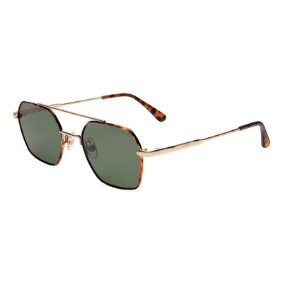 Sunglasses with gold frame and tortoiseshell accents on a white background.
TORT / OLIVE POLARIZED LENS
