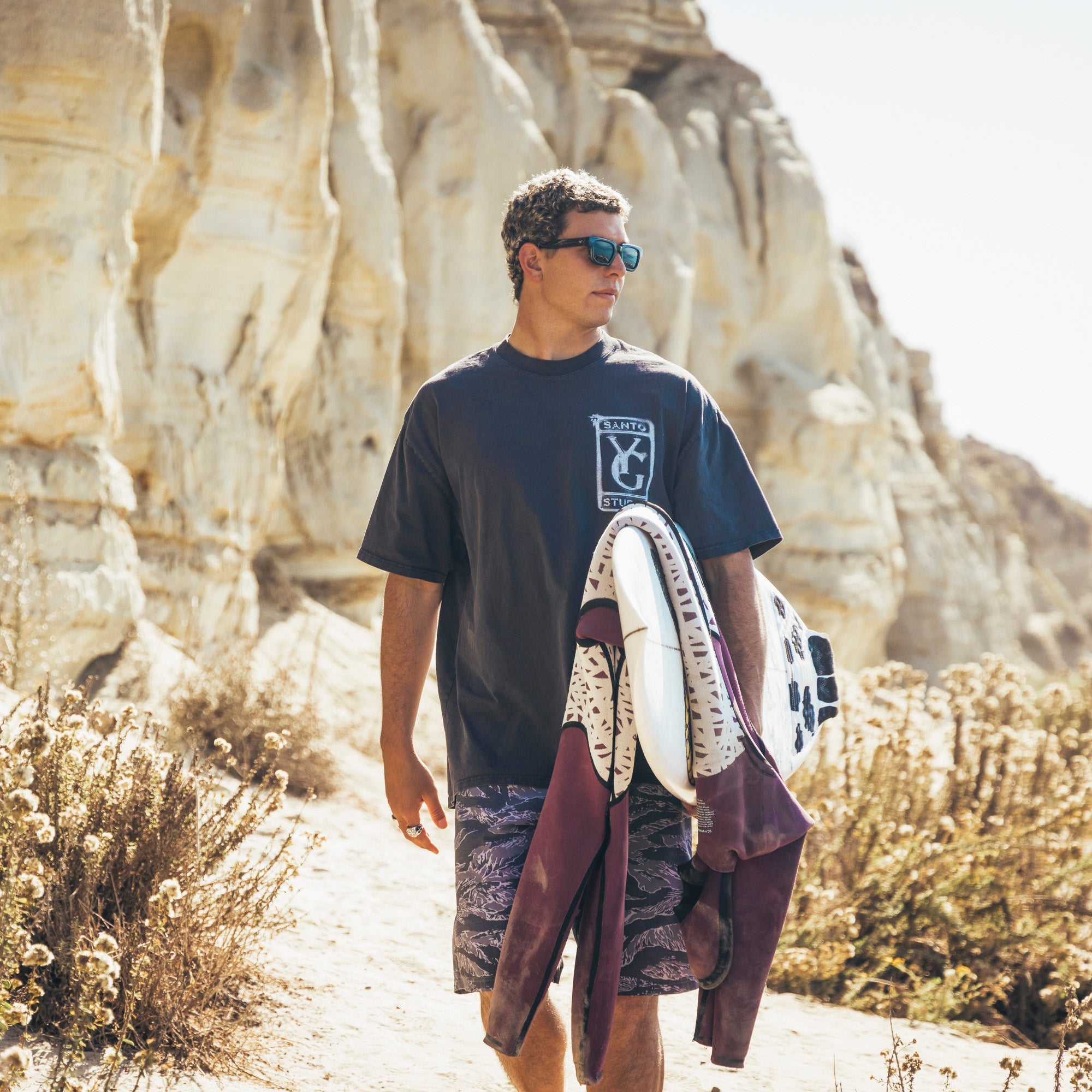 Man walking outdoors with a surfboard under his arm, surrounded by rocky landscape.
BLACK / SMOKE POLARIZED LENS