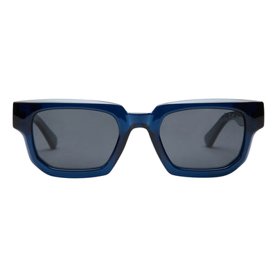 Blue sunglasses with dark lenses on a white background.
DARK SEAS / SMOKE POLARIZED LENS