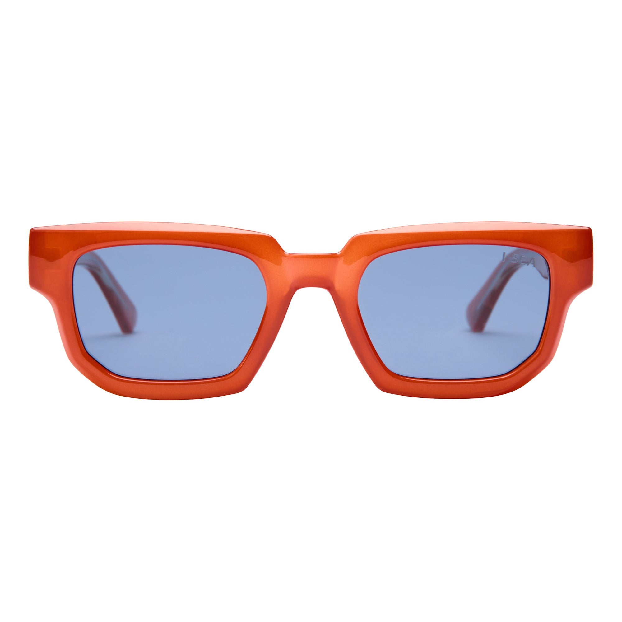 Orange sunglasses with blue lenses on a white background.
TANGERINE / NAVY POLARIZED LENS
