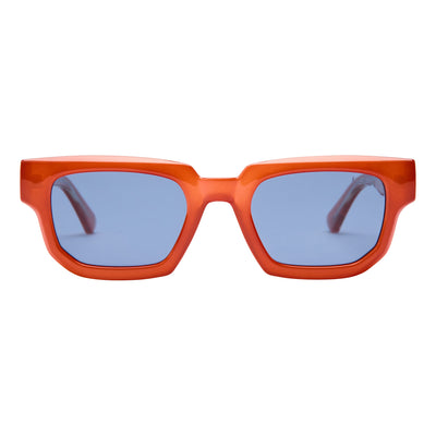 Orange sunglasses with blue lenses on a white background.
TANGERINE / NAVY POLARIZED LENS