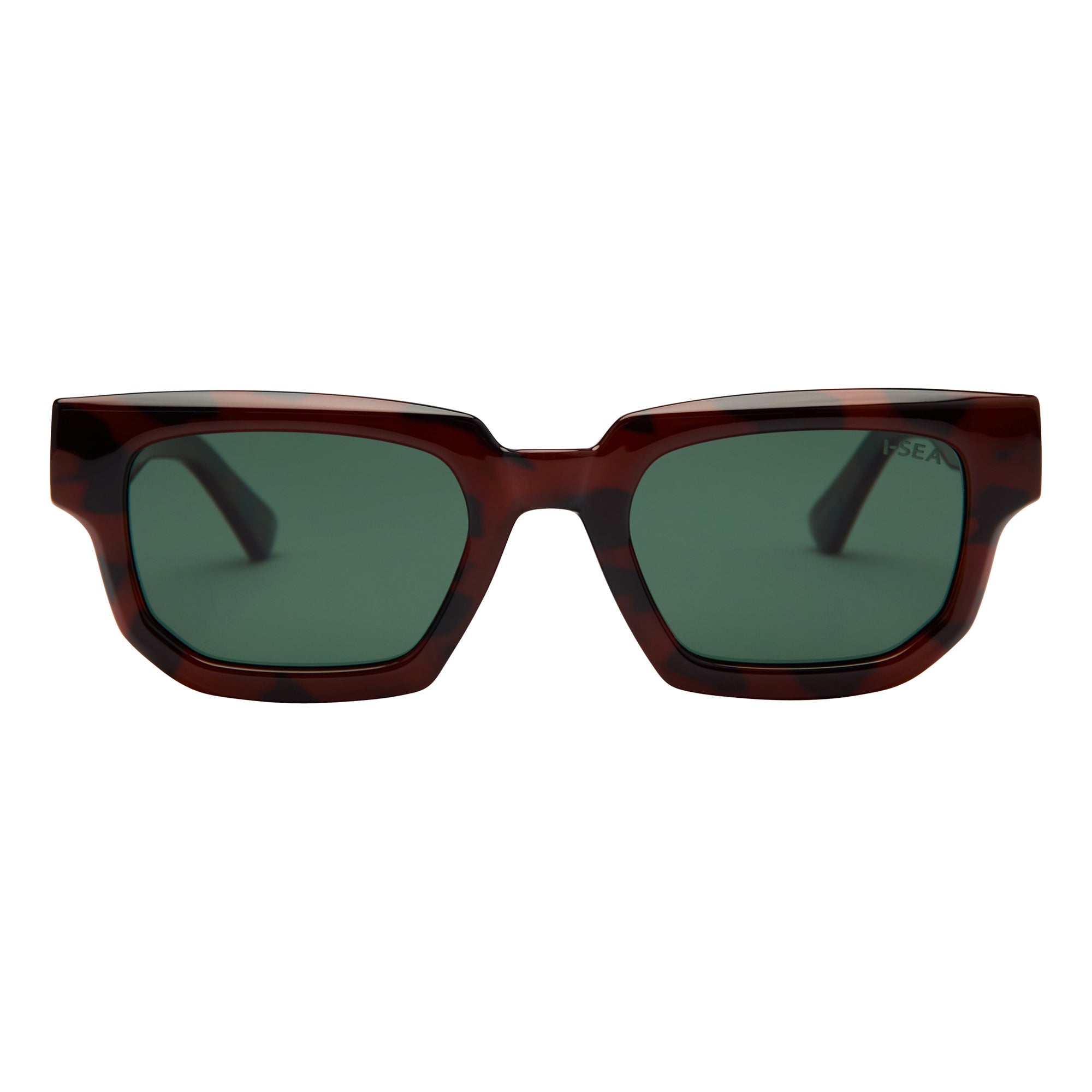 Sunglasses with brown frame and green lenses on a white background.
TORT / GREEN POLARIZED LENS