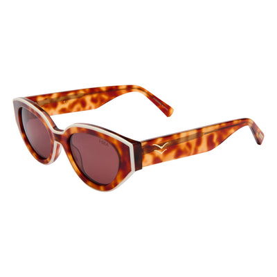 Sunglasses with tortoiseshell frame and brown lenses on a white background.
HONEY TORT / PLUM POLARIZED LENS