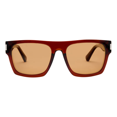 Sunglasses with brown lenses and red frame on a white background.
COLA / BROWN POLARIZED LENS