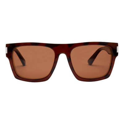 Sunglasses with tortoiseshell frame and brown lenses on a white background.
TORT / BROWN POLARIZED LENS