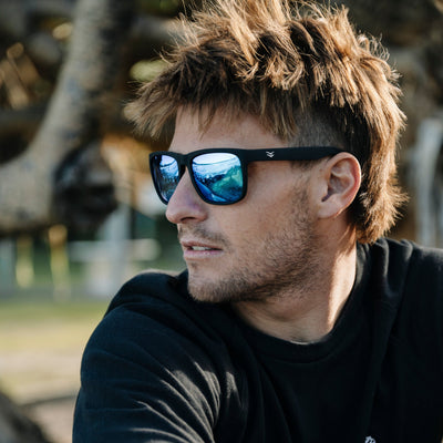Man wearing sunglasses with a blurred natural background.
BLACK / ICE BLUE POLARIZED LENS