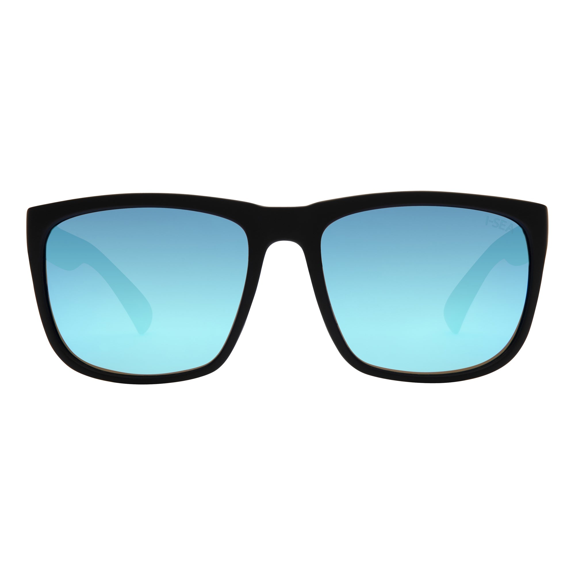 Sunglasses with black frame and blue lenses on a white background.
BLACK / ICE BLUE POLARIZED LENS