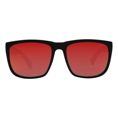 Sunglasses with black frame and red lenses on a white background.
BLACK / RED POLARIZED LENS