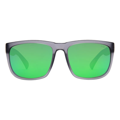 Sunglasses with green lenses and gray frame on a white background.
GREY / GREEN POLARIZED LENS