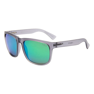 Sunglasses with green lenses and gray frame on a white background.
GREY / GREEN POLARIZED LENS